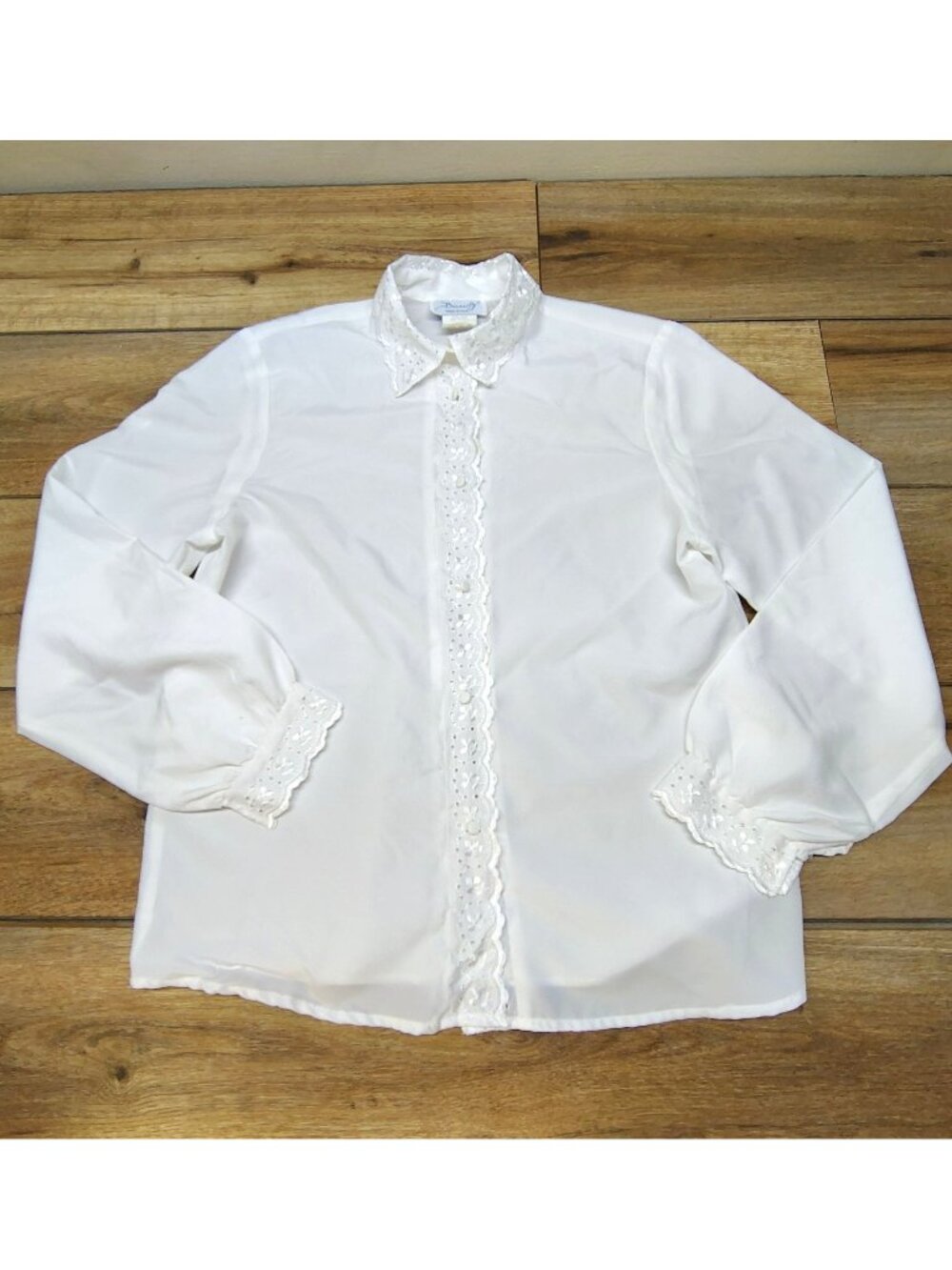 Biarritz Womens White Eyelet Lace Blouse Med Made USA Button Front Cottagecore